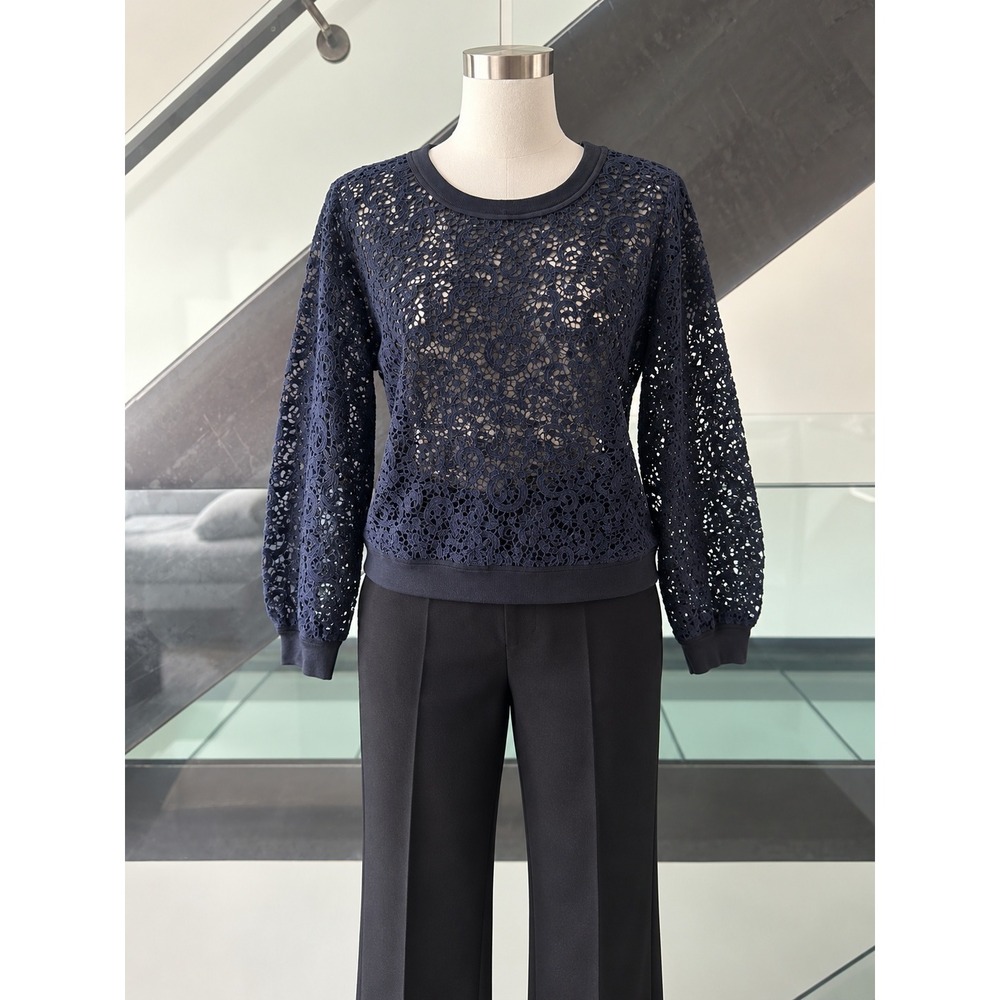 Lafayette 148 New York Navy Blue Floral Guipure Lace Long Sleeve Top Large